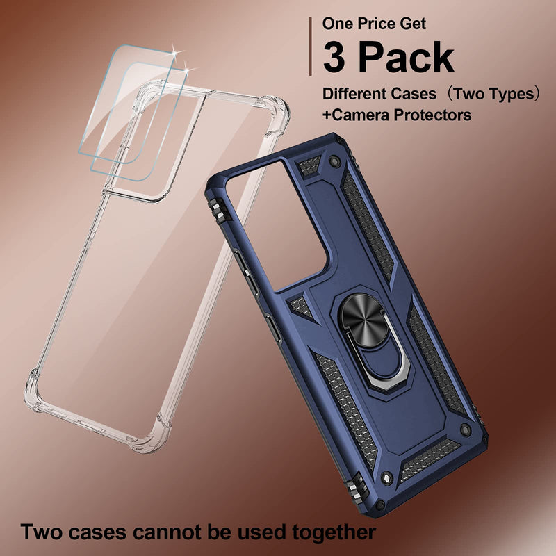 [3 Pack] S21 Ultra 5G Case for Samsung Galaxy S21 Ultra Case 360 Magnetic Kickstand Ring Holder Cases with Clear Slim Silicone Case, Heavy Duty Tough Military Armor Samsung S21 Ultra Phone Case Blue