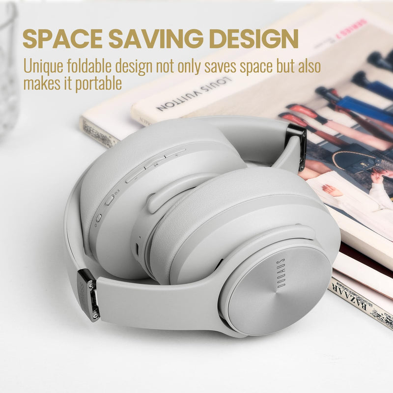 DOQAUS Bluetooth Headphones Over Ear, 90 Hours Playtime Wireless Headphones with 3 EQ Modes, Noise Isolating HiFi Stereo Headphones with Deep Bass, Microphone, Soft Earpads for Cellphone/PC (White) White