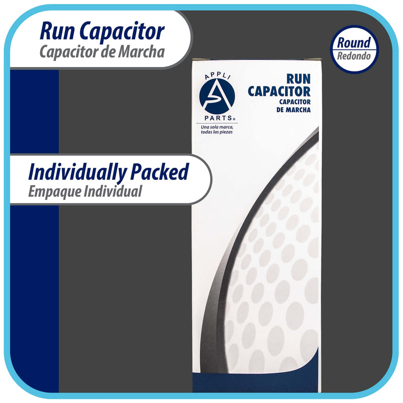 Appli Parts Run Capacitor for ac 10 Mfd uF (microfarads) 370 VAC or 450 VAC CBB65 Round Universal fit for hvac and other applications 3 in High 1-1/2 in Wide CON-10-450
