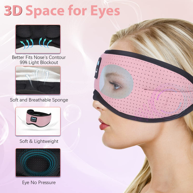 Sleep Headphone, Bluetooth Wireless White Noise Sleeping Eye Mask,3D Breathable Sleep Mask with Timer for Sleeping Travel Relaxation, Meditation, Cool Gadgets for Women Man (Pink) Pink