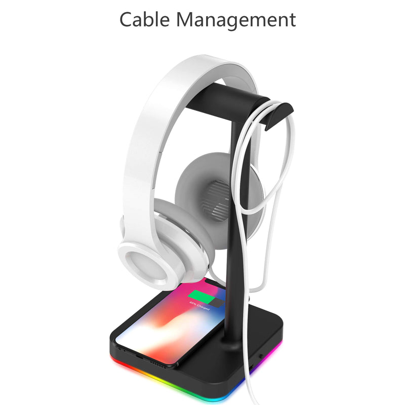 RGB Headphone Stand with Wireless Charger KAFRI Desk Gaming Headset Holder Hanger Rack with 10W/7.5W QI Charging Pad and QC 3.0 USB Port - Suitable for Gamer Desktop Table Game Earphone Accessories