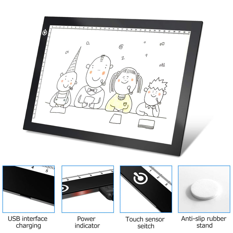 Black A4 Dimmable LED Artcraft Light Box Tracer Slim Light Pad Portable Tablet, USB Power Cable Copy Drawing Board Tracing Table for Artists Designing, Animation, Sketching, Stenciling X-ray Viewing Black