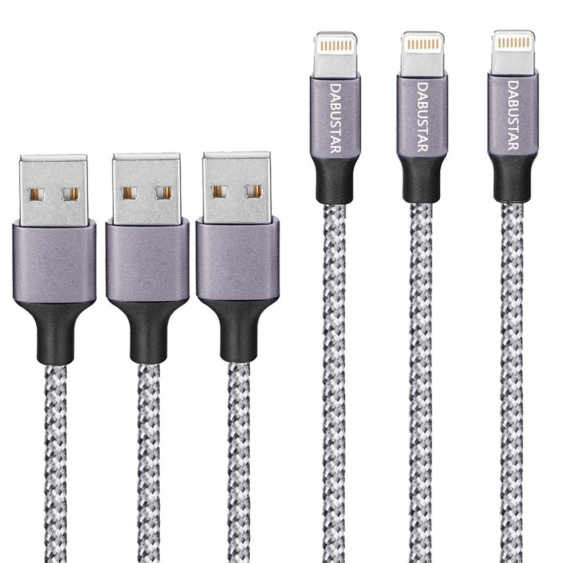 iPhone Charger,6ft 3Pack Lightning Cable DABUSTAR Nylon Braided Extra Long High Speed Data Sync Transfer Fast Charging Cord Compatible with iPhone 12 11 Pro Max XS XR X 8 7 6S 6 Plus SE iPad iPod More Gray