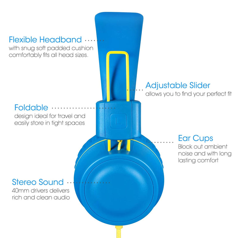 Kids Headphones-noot products K33 Foldable Stereo Tangle-Free 5ft Long Cord 3.5mm Jack Plug in Wired On-Ear Headset for iPad/Amazon Kindle,Fire/Boys/Girls/School/Travel/Plane/Tablet (Electric Blue) Electric Blue