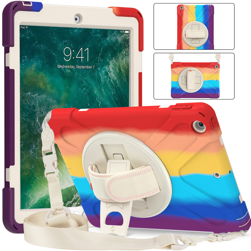 KIQ iPad 9.7 5th 6th Gen Case, Heavy Duty, Shockproof, Stand, Handstrap, Carrying Strap, Screen Protector Cover for Apple iPad 5th 2017, 6th 2018 Generation (Rainbow) Shield Rainbow