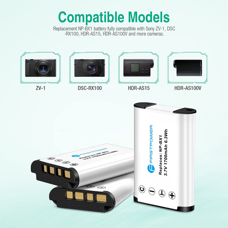 FirstPower NP-BX1 Battery (3-Pack) and Triple Slot Charger for Sony NP-BX1 and Sony ZV-1 Sony Cyber-Shot DSC-RX100 (II/III/IV/V/VA/VI) and Other Models