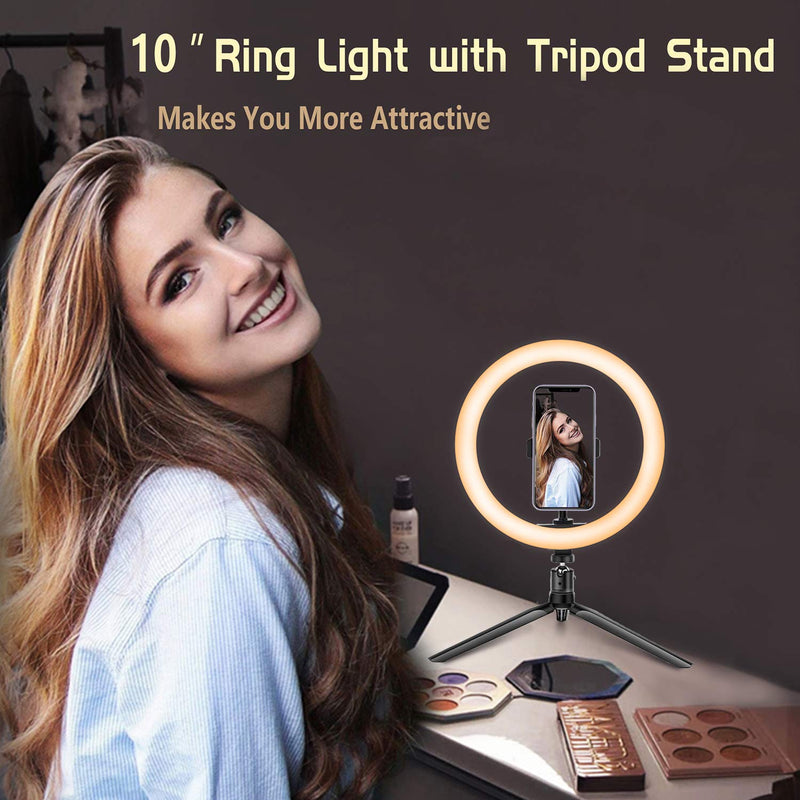Kemier Ring Light with Tripod Stand and Phone Holder,10 Inch Dimmable Desktop LED Camera Ring Light for Makeup/Live Stream/YouTube Video/Selfie Photography Compatible with iPhone/Android
