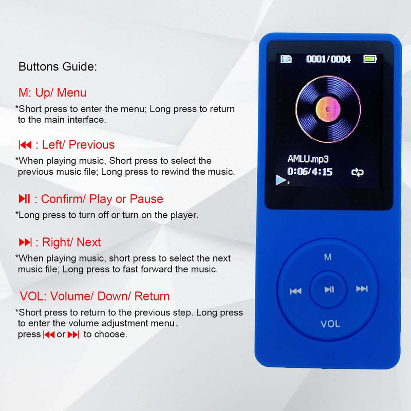 MP3 Player 32GB with Speaker Earphone Portable Mini Blue Music Player Support Voice Recorder E-Book 1.8 inch HD Screen Support up to 128GB