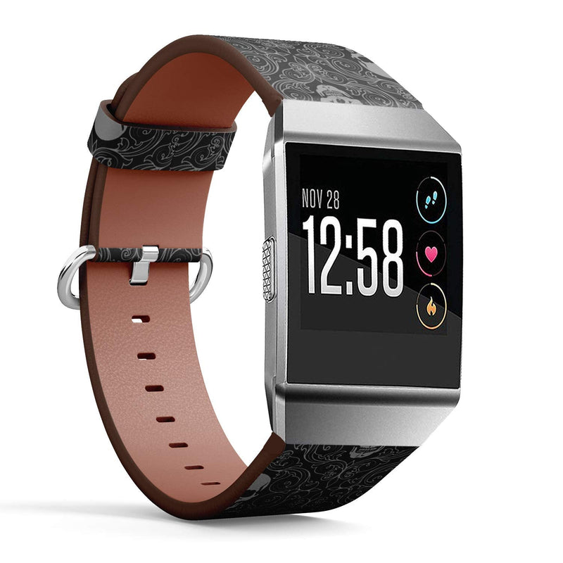 Compatible with Fitbit Ionic Leather Watch Wrist Band Strap Bracelet with Stainless Steel Clasp and Adapters (Skulls)