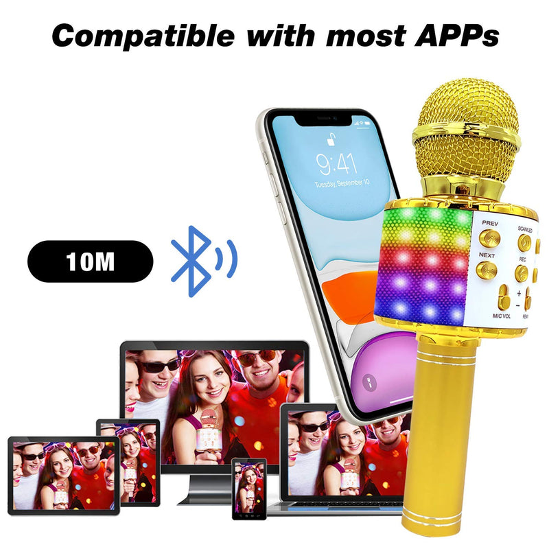 Bluetooth Wireless Karaoke Microphone with Multicolored LED Lights, Portable 4 in 1 Karaoke Machine Microphone for Adult Kids, for Android/iPhone/PC (Gold) Gold