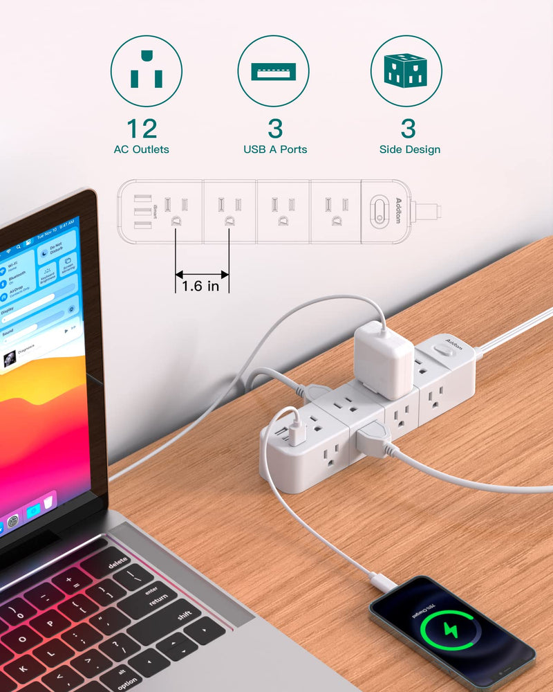 Ultra Thin Flat Plug Extension Cord - Power Strip Surge Protector, 12 Outlets with 3 USB Ports, Outlet Extender Strip with 5Ft, Wall Mount for Dorm Home Office, ETL Listed