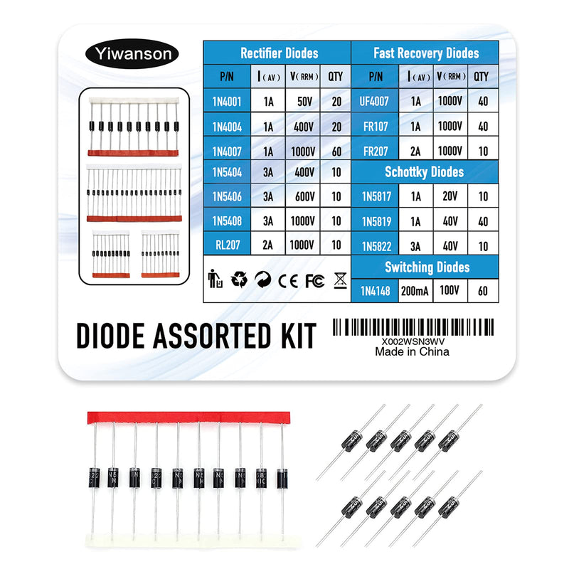 350Pcs 14 Values Diodes Assortment Kit, YIWANSON 1N4001 Diode 1N4004 1N4007 1N4148 1N5404 1N5406 1N5408 RL207 FR107 FR207 UF4007 1N5817 1N5819 1N5822 Schottky/Rectifier/Fast Recovery/Switch Diode