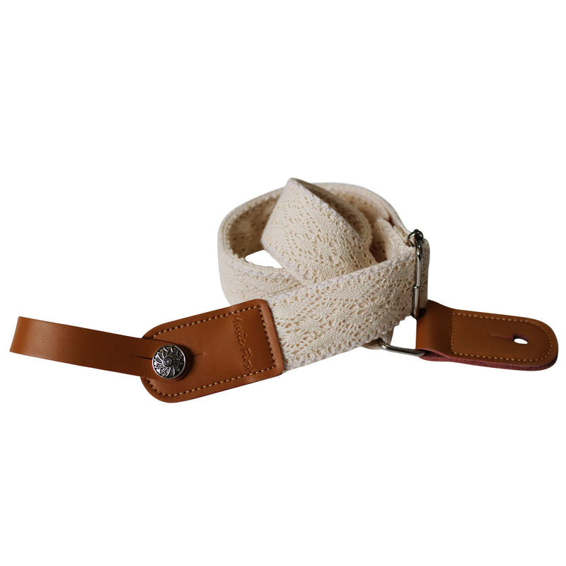 MUSIC FIRST Original Design Cream Graceful & Vintage"Lace" Soft Lace & Genuine Leather Ukulele Strap Ukulele Shoulder Strap With a MUSIC FIRST Genuine Leather Strap Locker (Cream)