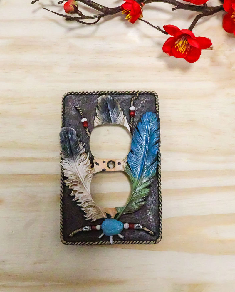 Ebros Southwestern Tribal Native American Indian 3 Feathers Turquoise Stone and Beads Dream Catcher Design Bathroom Vanity Accent Figurine Decor (Double Receptacle Outlet Plate Cover Set of 2) Double Receptacle Outlet Plate Cover Set of 2