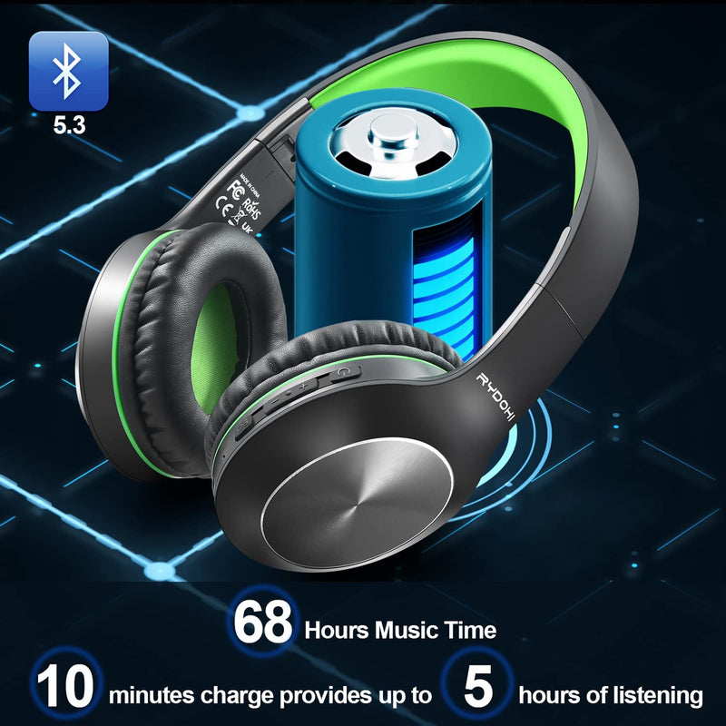 [AUSTRALIA] - Rydohi Bluetooth Headphones Over Ear, 68H Playtime and 3 EQ Music Modes Wireless Headphones with Microphone/Deep Bass, HiFi Stereo Foldable Lightweight Headset for PC Home Travel Office (Black Green) Black Green 