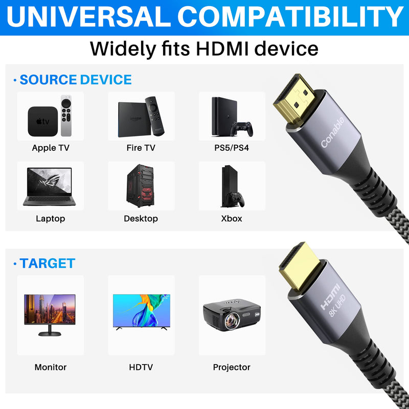 8K HDMI 2.1 Certified Cable 3.3 Feet (2 Pack) 48Gbps High Speed Ultra HD Braided Cord (2ft to 30ft) 8K@60Hz 4K@120Hz eARC HDR HDCP 2.2 2.3 with 50 Ties, 50 U Nails and 2 HDMI Adapter - 3.3 ft (1.01 M) 3.3 Feet (2 Pack)
