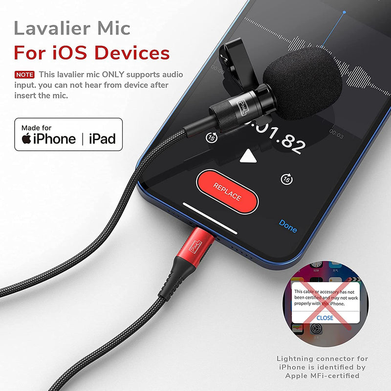 Pixel Voice Professional-Grade Wearable Lavalier Lapel Microphone Compatible with IPhone/IPad (Apple MFi-Certified) Omnidirectional Mic for Video Recording Livestream Vlog YouTube Facebook (9.8ft)