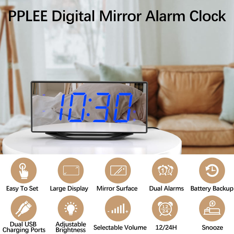Digital Dual Alarm Clock with 2 USB Chargers for Heavy Sleepers Adults, 8.7" Large LED Display, Extra Loud Mirror Clock with Battery Backup, Easy to Set, Dimmable, Decent Alarm Clock for Bedrooms Kids Blue Digit