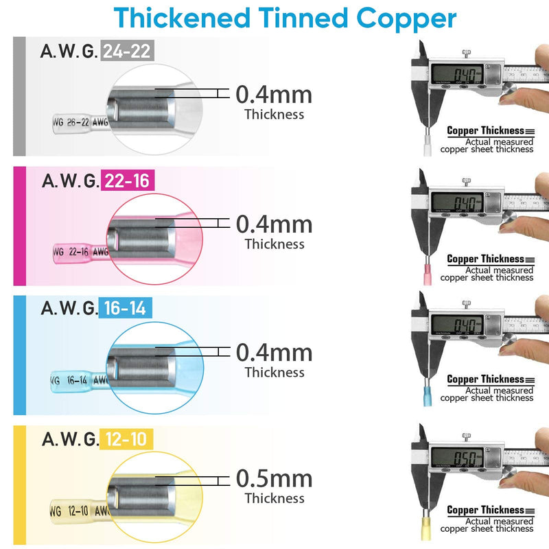 TICONN 200 PCS Heat Shrink Butt Connectors Kit, AWG 24 – 10 4 Sizes Butt Splice, Insulated Waterproof Electrical Marine Automotive Wire Crimp Terminals