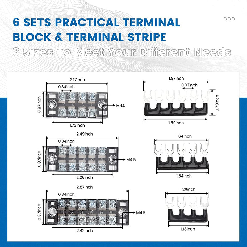 CGELE 6 Sets Terminal Blocks, 6Pcs 4/5/6 Positions 600V 15A Dual Row Screw Terminal Strip Block + 6Pcs Pre-Insulated Terminals Barrier Strip + 60Pcs Insulated Fork Wire Connector… 15A 4/5/6P+6 pcs Jumpers
