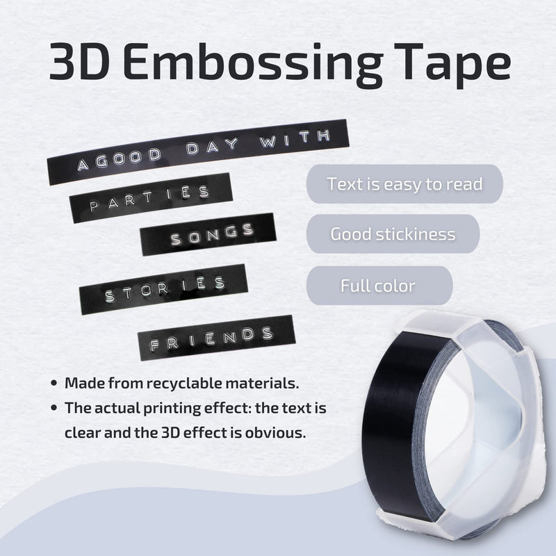 Airmall Compatible 3D Embossing Label Tape Replacement for Dymo Embossing Label Tape 9mm x 3m, Durable Plastic Embossing Label for Dymo Xpress 12965 Motex Omega S, White Print on Black, 10-Pack Dark Black