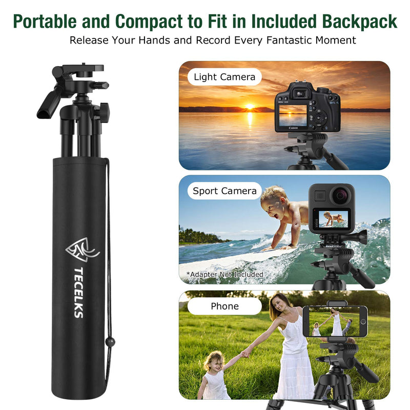 Cell Phone Tripod 55", Lightweight Aluminum Travel/Camera Tripod Stand with Bluetooth Remote, Carry Bag for TIK Tok/Photography/Live Stream/YouTube Video, Compatible with iOS and Android