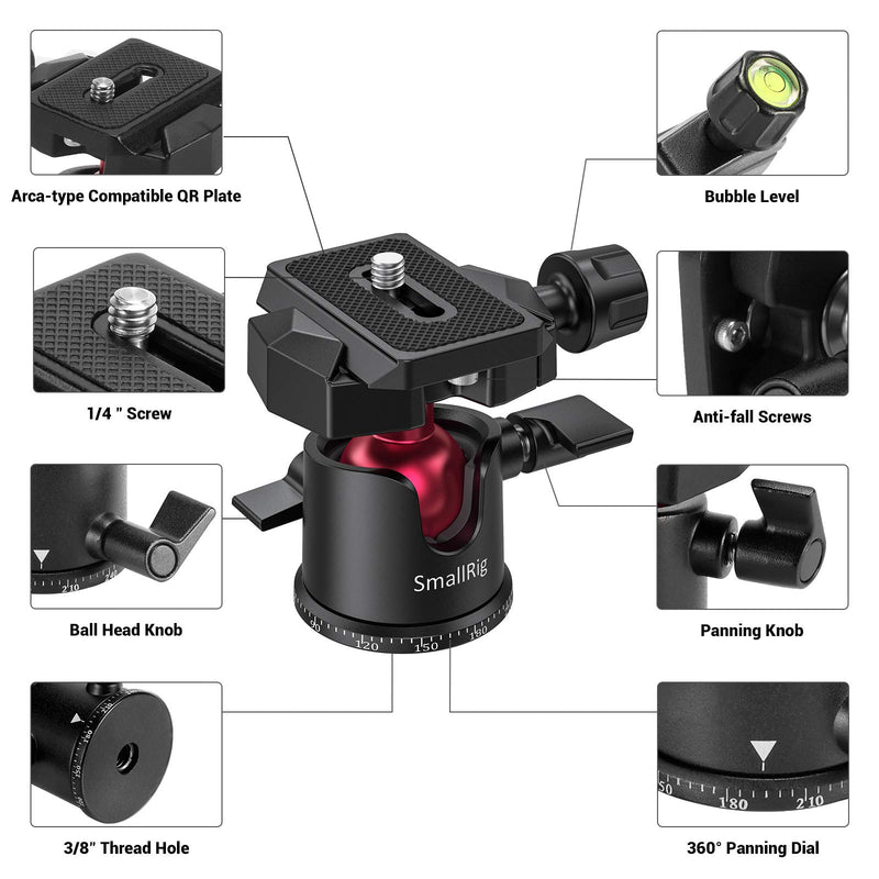 SmallRig Mini Ball Head, Tripod Head Camera 360° Panoramic with 1/4" Screw 3/8" Thread Mount and Arca-Type QR Plate Metal Ball Joint for Monopod, DSLR, Phone, Gopro, Max Load 4.4lbs/2kg - BUT2665