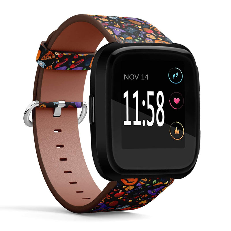 Compatible with Fitbit Versa/Versa 2 / Versa LITE - Leather Watch Wrist Band Strap Bracelet with Quick-Release Pins (Halloween Party Colorful)