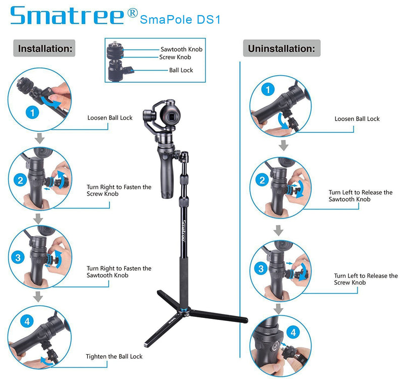 Smatree SmaPole DS1 Extendable Stick Compatible with Tripod for DJI OM 4,DJI OSMO, OSMO Mobile 3, OSMO Mobile, OSMO PRO/RAW