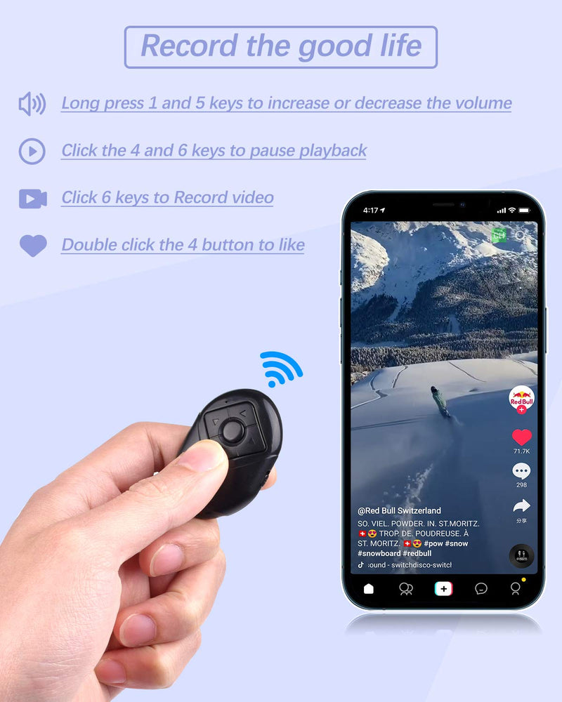 Cellphone Remote Shutter for iPhone & Android,TIK Tok Multifunction Remote,Take Photos and Videos, Control The Volume, Pause The Playback, Turn The Page,Works with Most Smartphones and Tablets Black