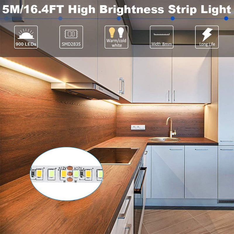 [AUSTRALIA] - Dual White LED Strip Light Kit,16.4ft/5M 2835 900 LEDs Warm White/Daylight 2700K-6000K Dimmable Flexible LED Light Strip Bluetooth Control for Home, Kitchen, Bedroom, Under Cabinet 16.4ft, 2835 Full Kit (900 Leds) 