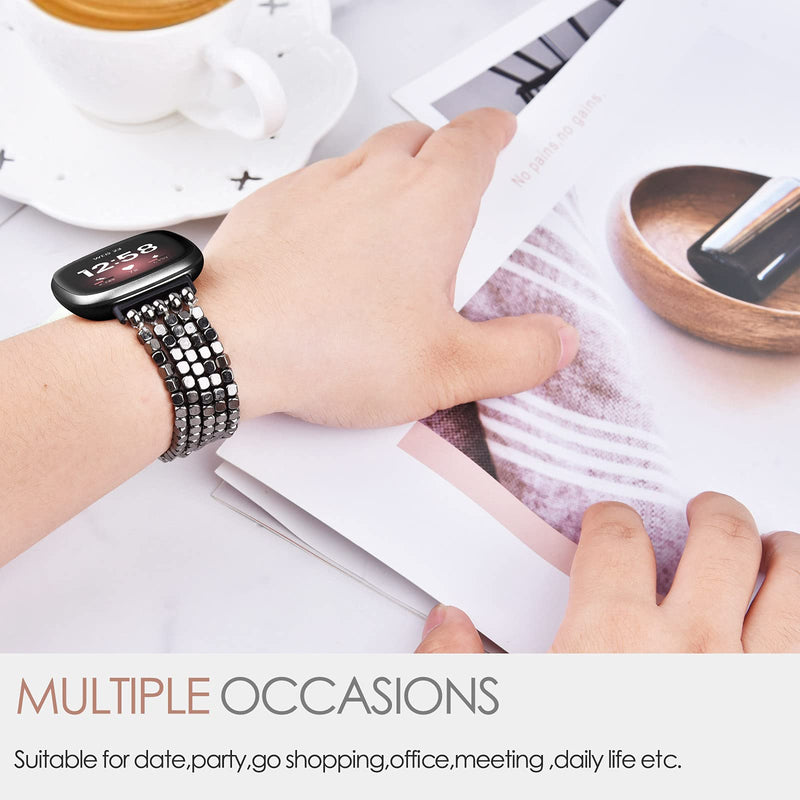 MOFREE Beaded Bracelet Compatible for Fitbit Versa 3/Fitbit Sense Women Men Fashion Handmade Elastic Stretch Strap Compatible for Fitbit Sense/Versa 3 Bands Replacement Black