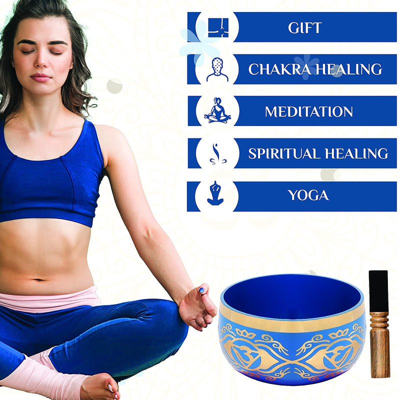 Tibetan Singing Bowls Set - 5” Meditation Vibration Sound Bowl Easy to Play Handmade Large Singing Bowl For Beginners & Professional - Blue Chakra Healing Bowl with Large Mallet & 7 Color Cushion