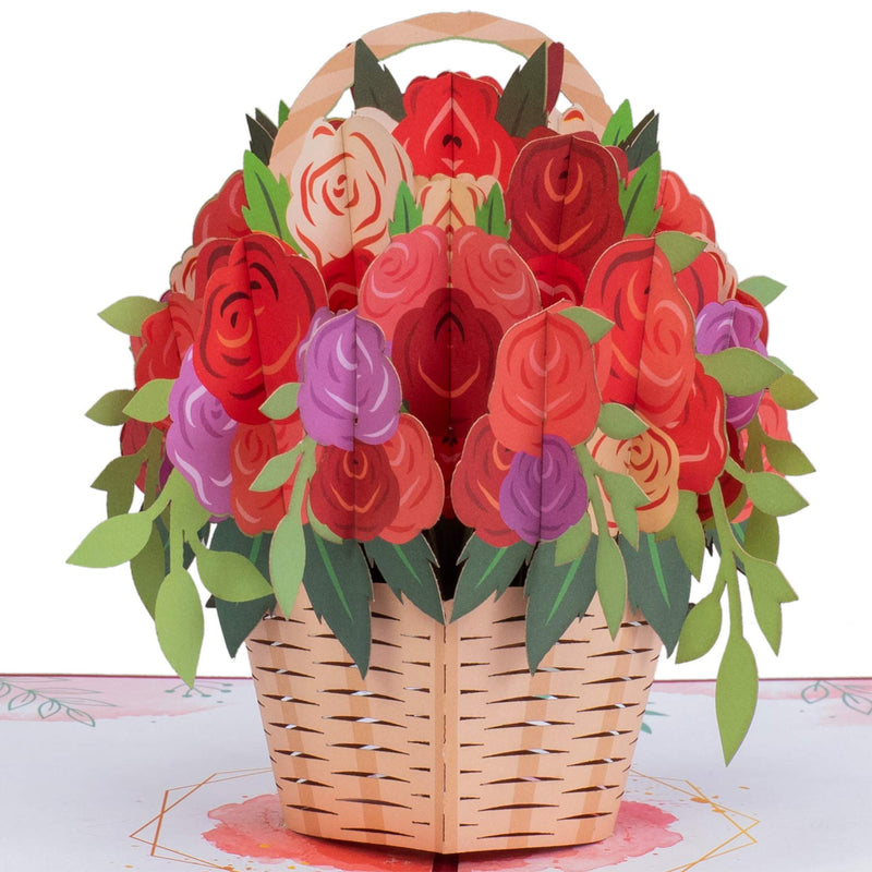 Paper Love Basket of Roses Pop Up Card, Handmade 3D Popup Greeting Cards for Valentines Day, Mothers Day, Wedding, Anniversary, Love, Romance, Thank You, Thinking of You, All Occasion | 5" x 7"