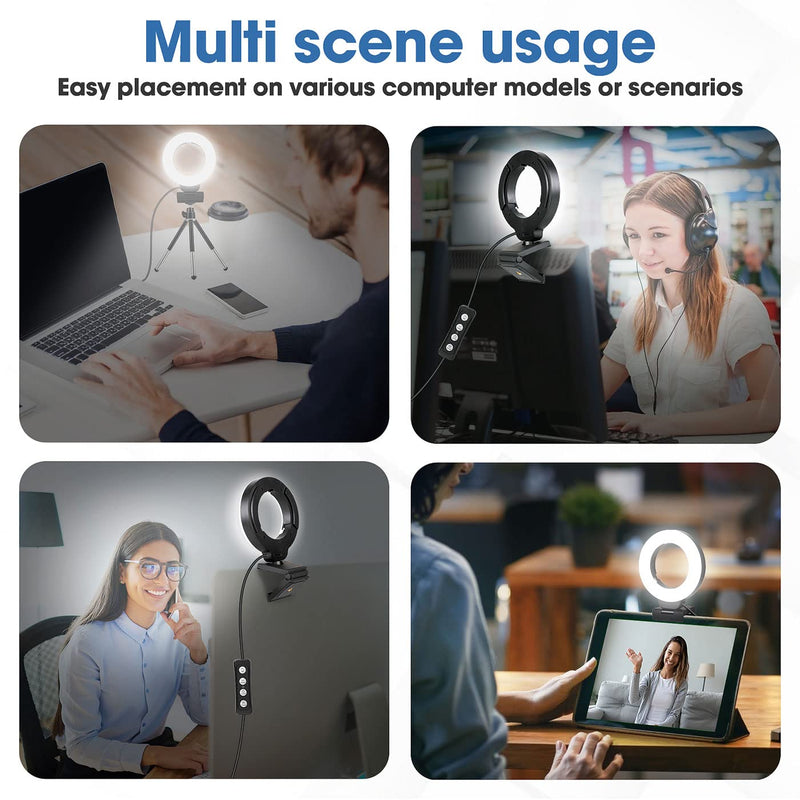 FDKOBE Webcam Lighting,Ring Light for Laptop/Computer,Zoom Call Lighting,4''Small Video Conference Lighting with Webcam Style Mount and Tripod,3 Light Modes&10 Brightness Levels,Selfie 3000k