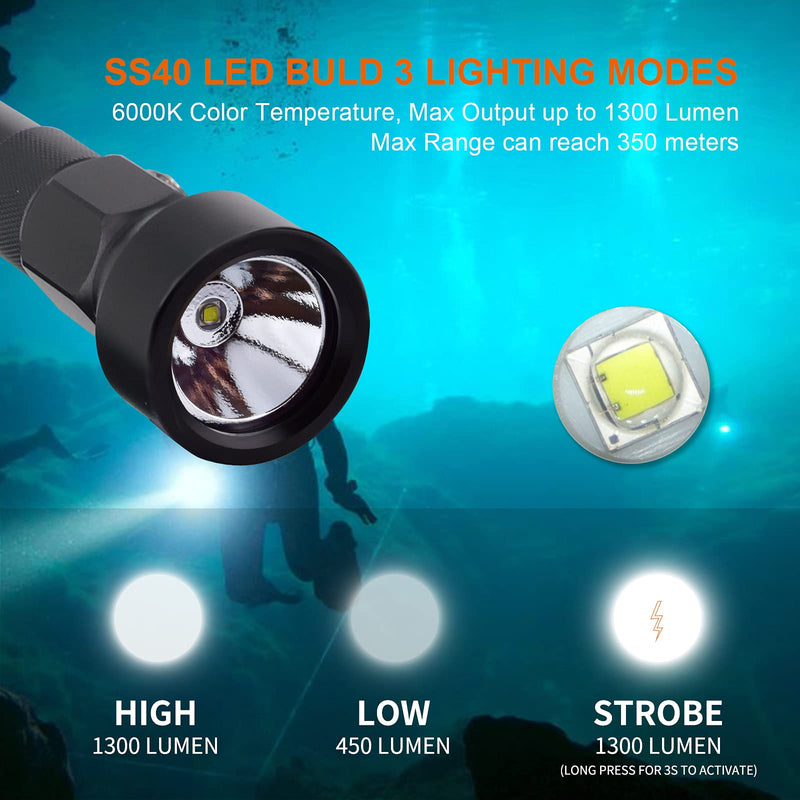 Odepro ND22 Diving Light, 1300 Lumens Scuba Night Dive Torch with 8 Degrees Narrow Beam Angle, IP68 Waterproof Submersible Flashlight with Battery Indicator, for 150 Meters Underwater Exploration