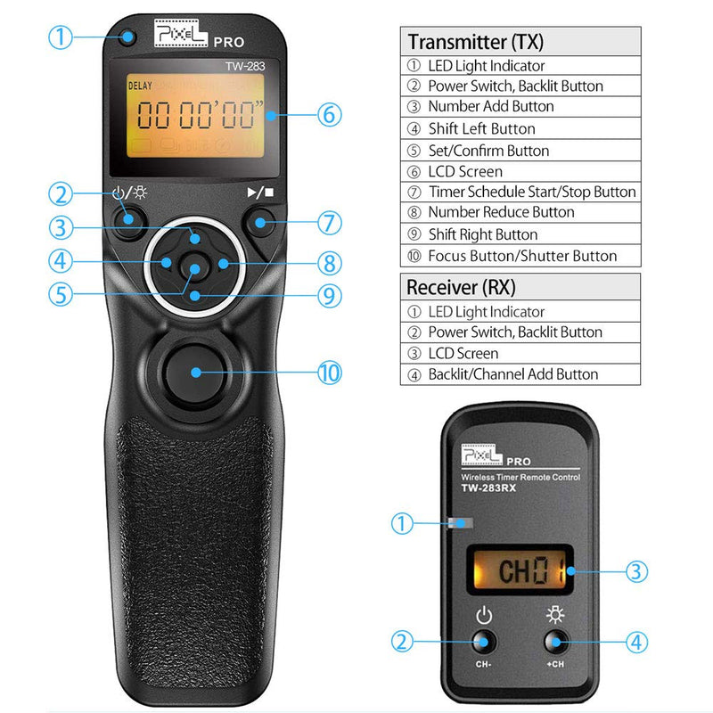 Wireless Shutter Release Compatible for Nikon, PIXEL 2.4G Remote Shutter Release Cable Wireless Timer Remote Control DC0/DC2 Compatible for Nikon D850 D750 D610 D5300 D3300 D7500 D1 D2 D3 TW-283DC0/DC2 Compatible for Nikon