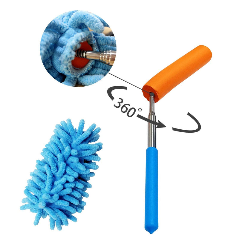 Microfiber Duster for Cleaning, Dusters with Telescoping Extension Pole, Extendable Washable Mini Dusters for Cleaning Car, Window, Furniture, Office (Blue and Grey) Blue and Grey
