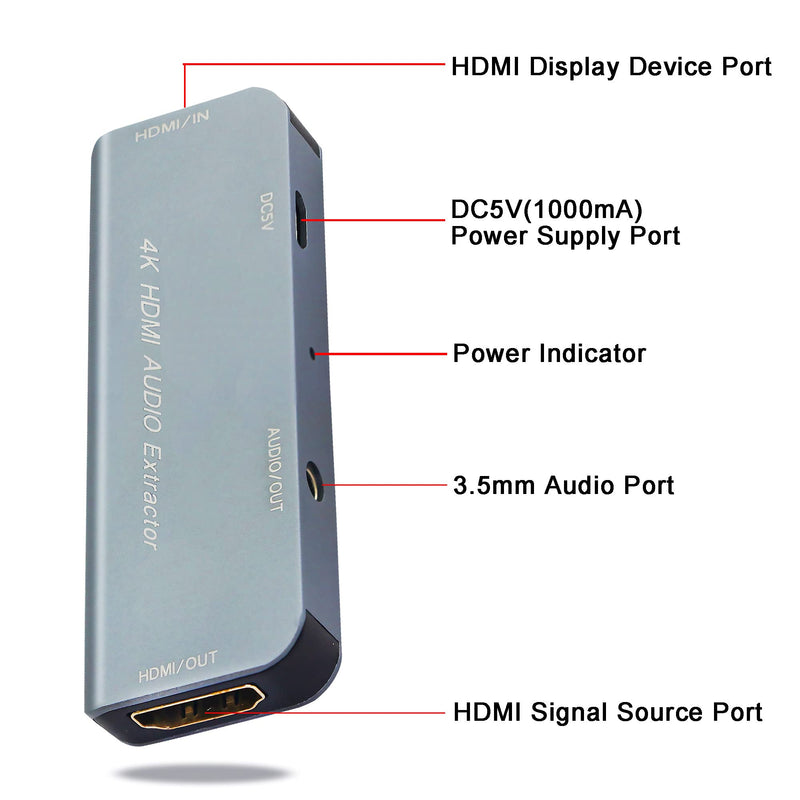 GINTOOYUN 4K HDMI Audio Extractor, HDMI to HDMI and Audio Splitter, HD Video to 3.5mm Audio Converter, Support HDMI 4K, 3D, HDM 1.4b and DVI 1.0