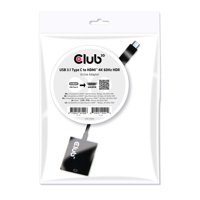 Club 3D USB C to HDMI Adapter with HDR - 4K 60Hz- USB 3.1 Type C to HDMI Monitor Convertor, CAC-2504