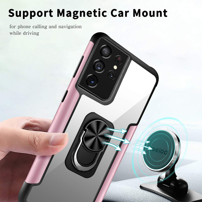 WWW Case for Samsung Galaxy S21 Ultra/Galaxy S21 Ultra 5G 6.8" with Built-in 360 Rotating Ring Kickstand Fit Magnetic Car Mount and Clear Back Cover Case for Galaxy S21 Ultra 2021, Rose Gold