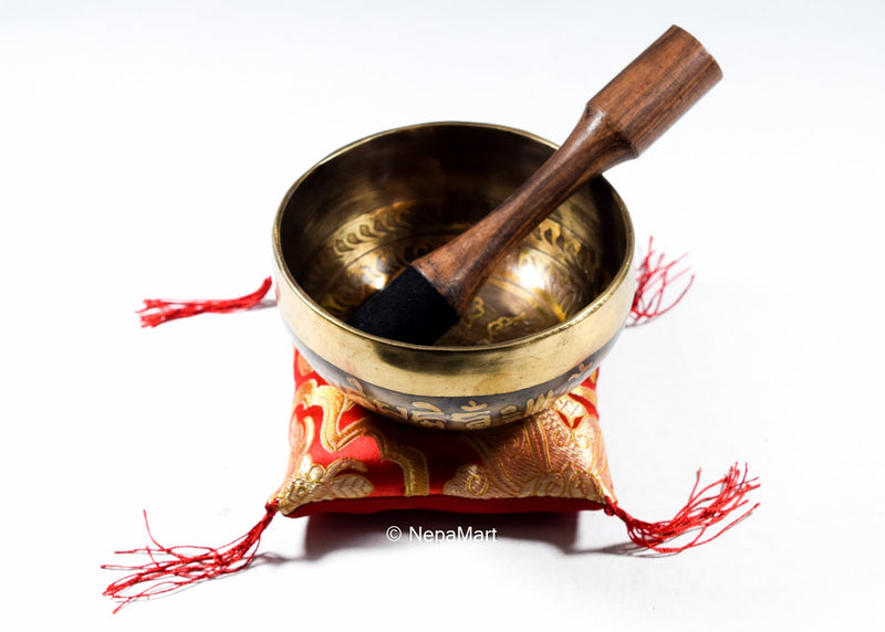 Tibetan Singing Bowl Set with Mallet & Silk Cushion Om Mani Padme Hum Etching For Meditation, Chakra Healing, Prayer,Yoga, and Mindfulness (5 Inch, Original)