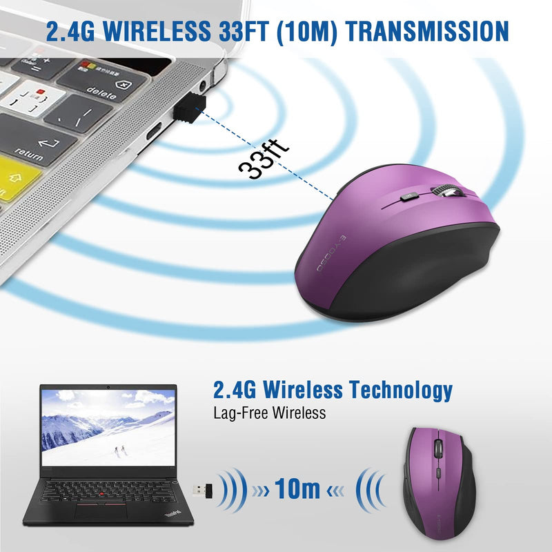 Wireless Mouse, E-YOOSO Computer Mouse 5 Adjustable DPI 6 Buttons Cordless Mouse Wireless Optical Mice with USB Nano Receiver, 2.4G Portable Ergonomic Wireless Mouse for Laptop/Windows/Mac(Purple) Purple
