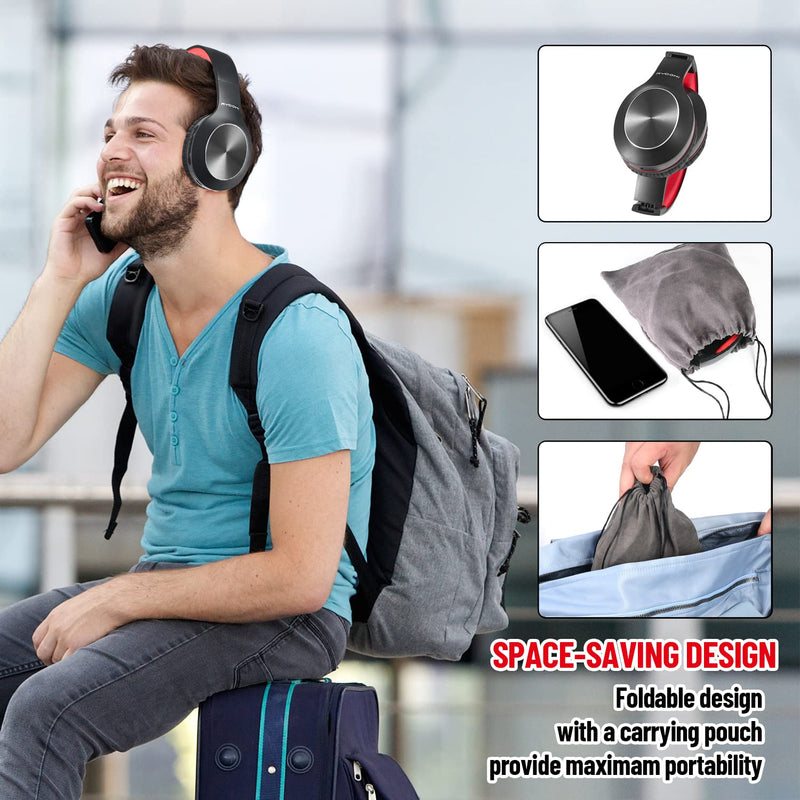 Rydohi Bluetooth Headphones Over Ear,68H Playtime and 3 EQ Music Modes Wireless Headphones with Microphone/Deep Bass, HiFi Stereo Foldable Lightweight Headset for PC Home Travel Office (Black Red) Black Red
