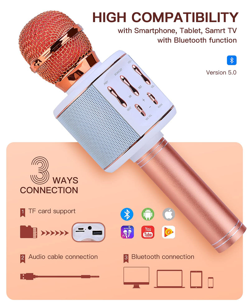 Microphone for Kids, ShinePick Karaoke Wireless Microphone, 5 Different Voice Changers, Recording Singing Microphone for Adults, Flashing Colourful Lights Portable Speaker Home KTV for Phone/Pad/TV Rose Gold