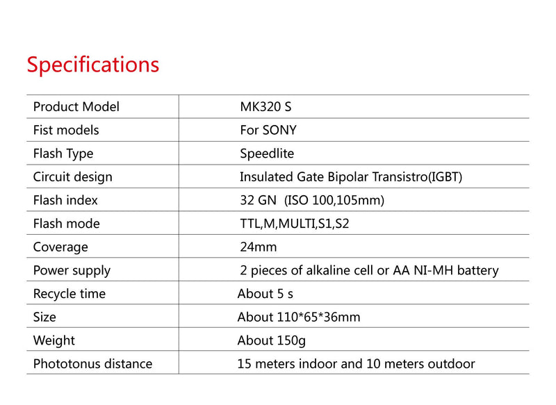 MEIKE 320S Mini TTL Speedlite Automatic Flash for Sony MI Hot Shoe DSLR and Mirrorless Cameras A7 A7II NEX6 A6000 A6300 A6500