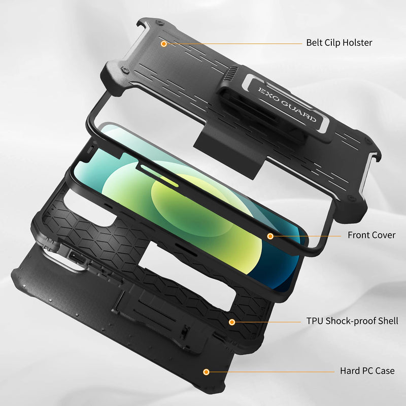 ExoGuard Belt Clip Holster for Apple iPhone 12 Pro Max Case 6.7 Inch Pioneer Series, Heavy Duty Belt Clip Holster and Adjustable with 360 Degree Rotation