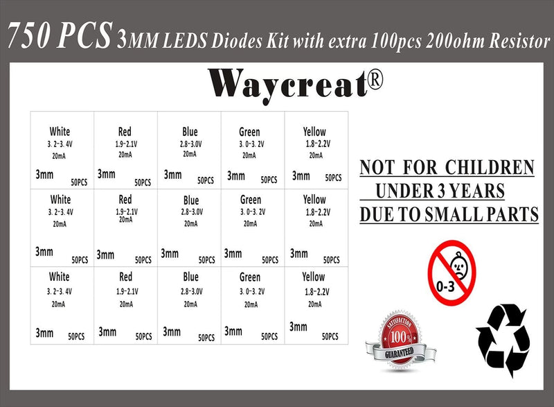 Waycreat 750PCS (5 Colorsx150pcs) 3mm Clear LED Emitting Diodes Light Kit with 100PCS 200ohm Resistor A:)3mm(750pcs LEDS)