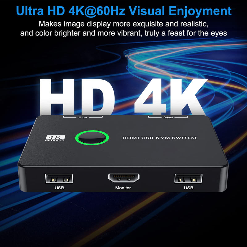 KVM Switch HDMI,Hdiwousp USB KVM Switch for 2 Computers Sharing One HD Monitor and Keyboard Mouse,Support 4K@60Hz with 2 USB Cable and 2 HDMI Cable