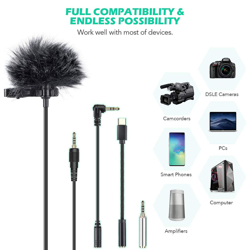 Lavalier Microphone, AGPTEK 3.5mm Hands Free Clip-On Lapel Mic with Omnidirectional Condenser for Camera, iPhone, Android, DSLR, Smartphones, PC,Laptop